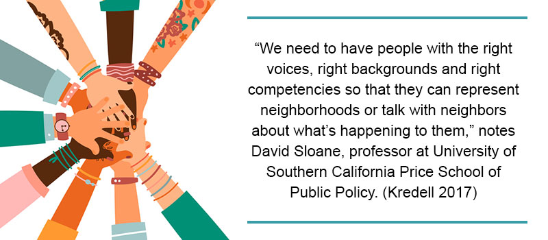 The AICP places DE&I at the center of its Code of Ethics and Professional Conduct, noting that planners must “seek social justice by working to expand choice and opportunity for all persons, recognizing a special responsibility to plan for the needs of the disadvantaged and to promote racial and economic integration.” (2005). Many students from underrepresented populations are not even aware of the urban planning profession. DE&I initiatives by various organizations and schools are striving to change that. Urban planning schools are holding workshops and seminars focused on DE&I to bring more attention to and awareness of their Bachelor’s and Masters of Urban Planning degree programs. The only way to make significant differences within urban planning is to recruit, train and employ planners who are better representatives of the communities that they are planning.